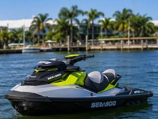 Jet ski parado na água próximo a um deque com coqueiros